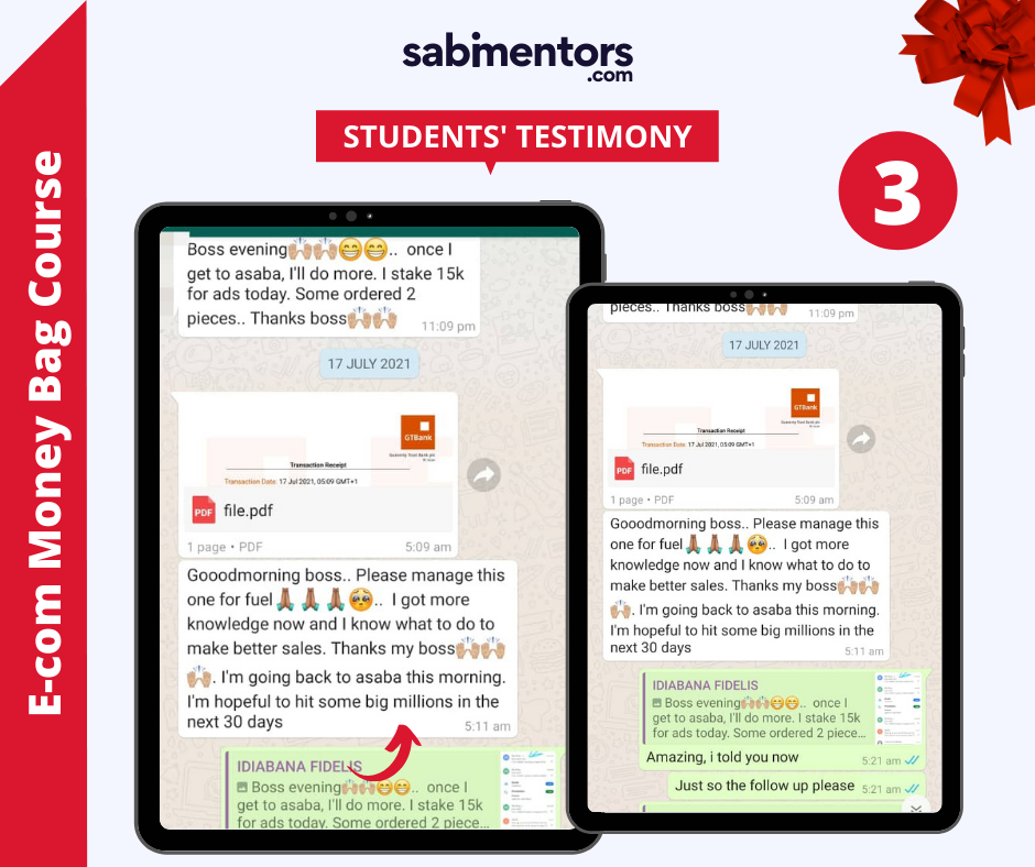 Ecom Money Bag Course testimony 3 - sabimentors